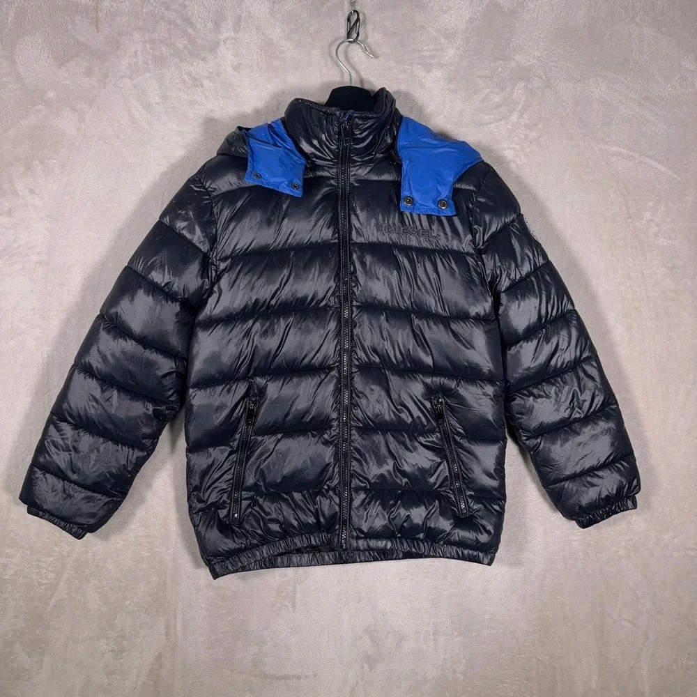 Diesel Puffer Jacket Boys Large Black Blue Hooded Quilted Winter Coat